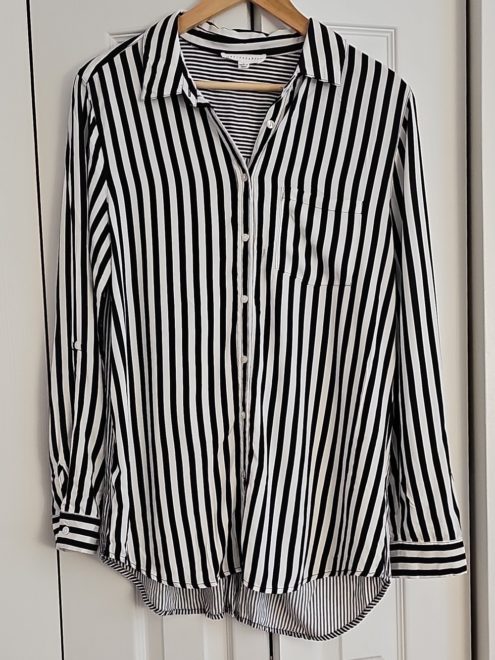 Jane + Delancey Black White Striped Rayon Woven Collared Button-Up Shirt L
